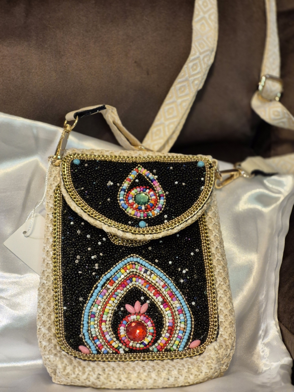 Beaded Black and Cream Mini Crossbody Bag with Colorful Embellishments